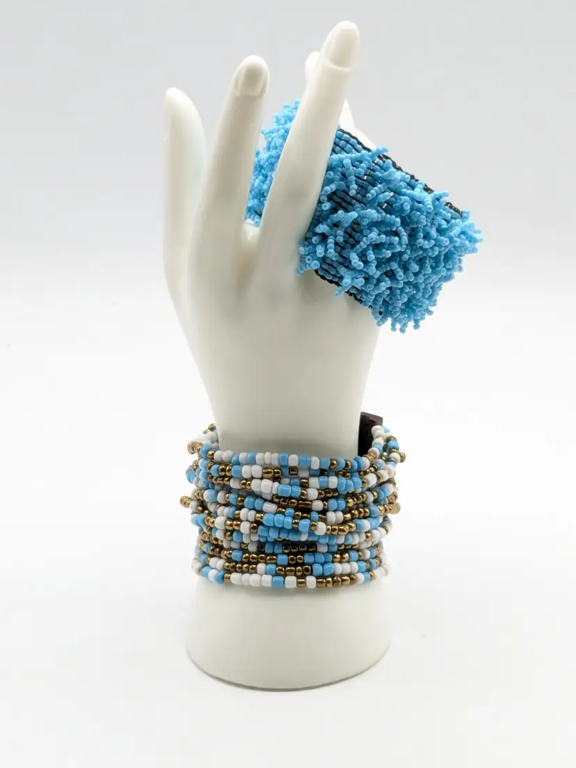 Pair Beaded Bracelets Turquoise Color Stretch and Wood Buckle Clasp Elastic