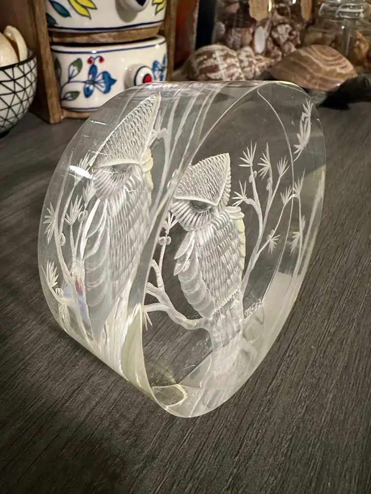 Vintage MCM Clear Reverse Carved Owl Lucite Paperweight Signed Michael Cox