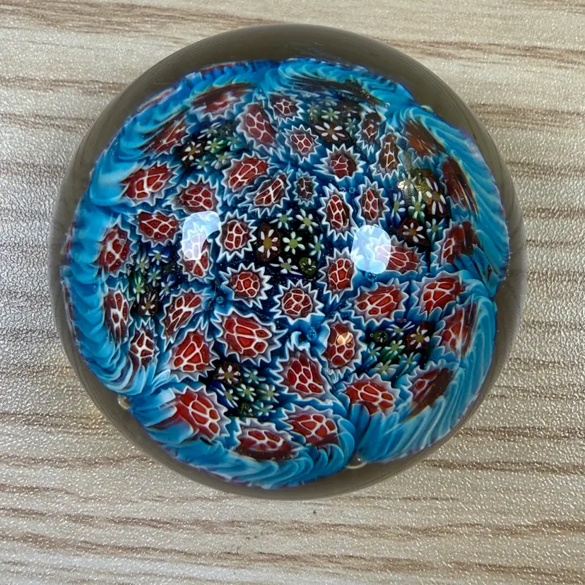 Murano Millefiori Art Glass Blue Red with Colored Clusters Of Flowers