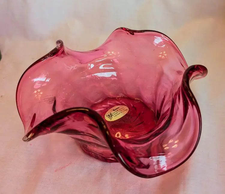 Rossi Hand Blown Cranberry Art Glass Bowl Ruffled Edge Canadian Handmade Christmas Decor