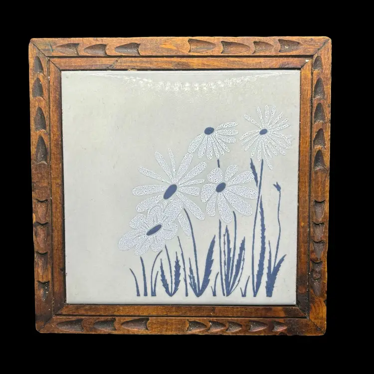 Made In Italy Wood & Ceramic Tile Blue Daisy Trivet 7.5”