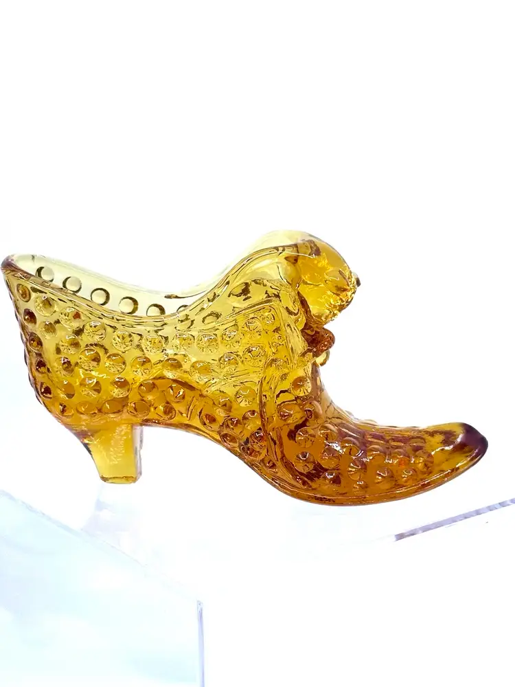 Fenton Art Glass Amber Hobnail Shoe Slipper with Cat Head