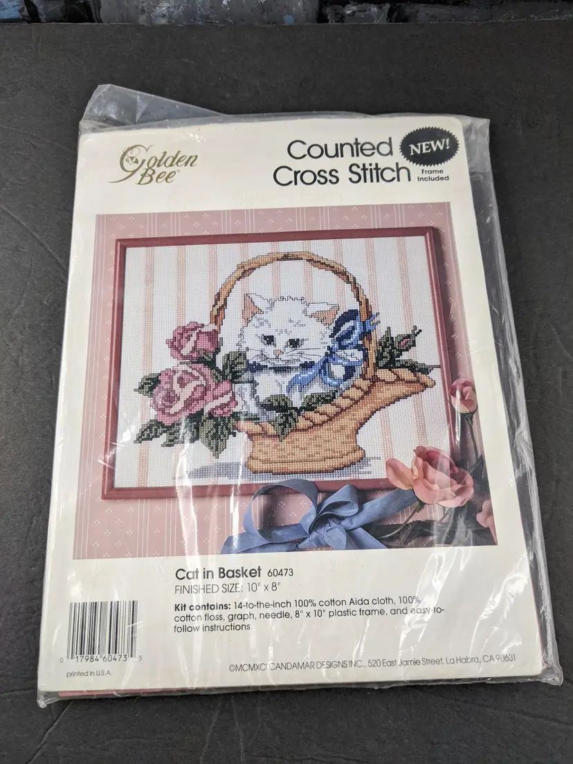 VTG Golden Bee Cat In a Flower Basket Counted Cross Stitch Kit Frame Included sealed Kids Craft Gift