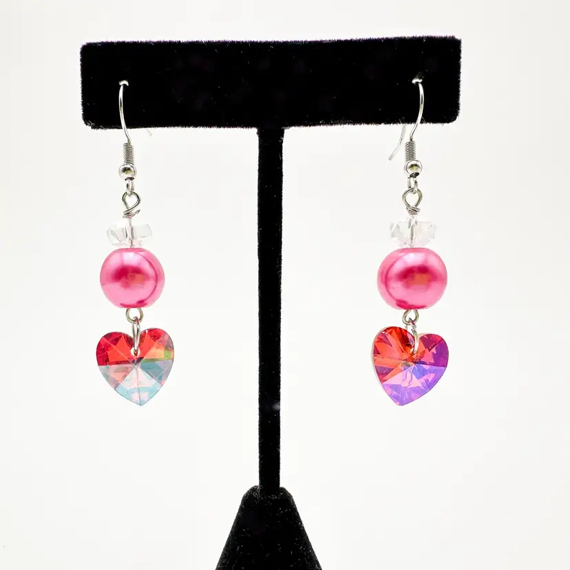 Valentine's Day Earrings Hot Pink Faux Pearl Beads with Pink AB Crystal Heart Handmade