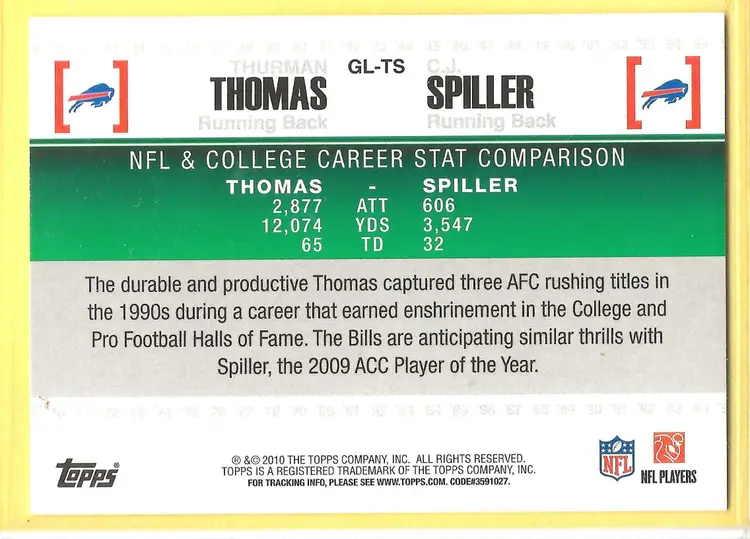 2010 Topps #GL-TS Thurman Thomas / C.J. Spiller Gridiron Lineage Buffalo Bills