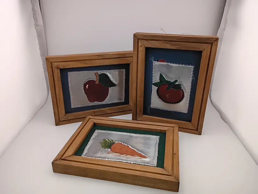 Vintage framed painted tin art, signed