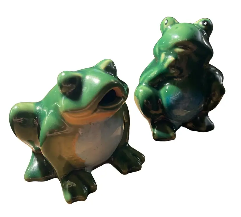 Frog Figurines Set of 2 Green Glazed Ceramic Relaxing Frogs Vintage
