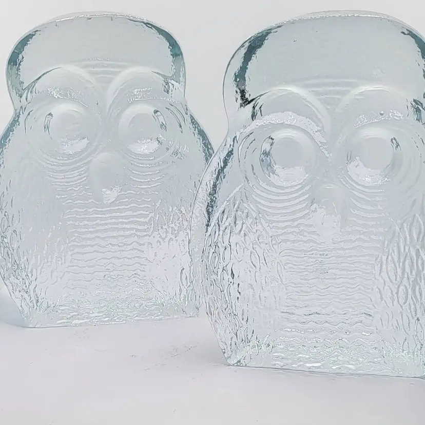 Vintage Clear Blenko Glass Owl Bookends 1969 by Joel Myers 7" x 5 1/2" read description