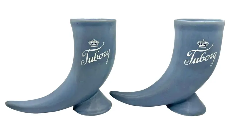 Set of 2 Vintage Tuborg Beer Horn Tusk Shaped Blue Ceramic Stein Drink Cups 12oz