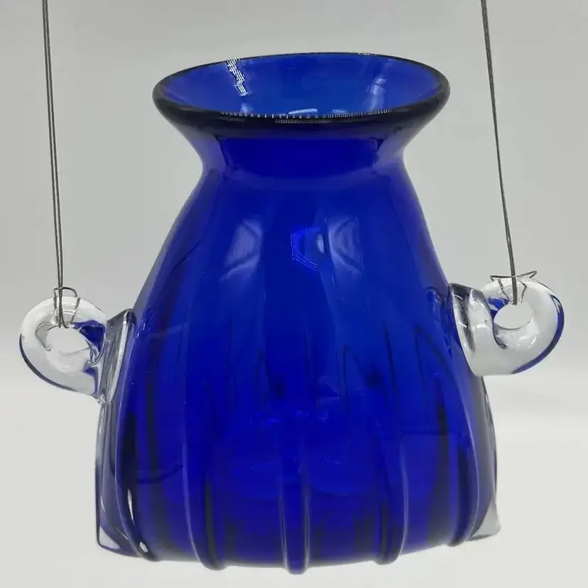 Michael J Mikula Signed Art Glass Hanging Vase Cobalt Blue Wall Window Decor