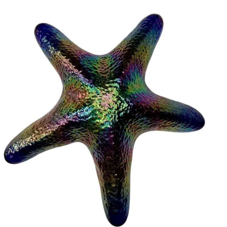 Studio Art Glass Paperweight Dichroic Starfish Signed by Artist John Cook 2002
2-1/4” T x 6” x 6-1/4”