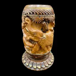 Hand-Carved Wood Cup/Pen Holder, African Animals: Elephant, Lion, Gazelle, Hyena