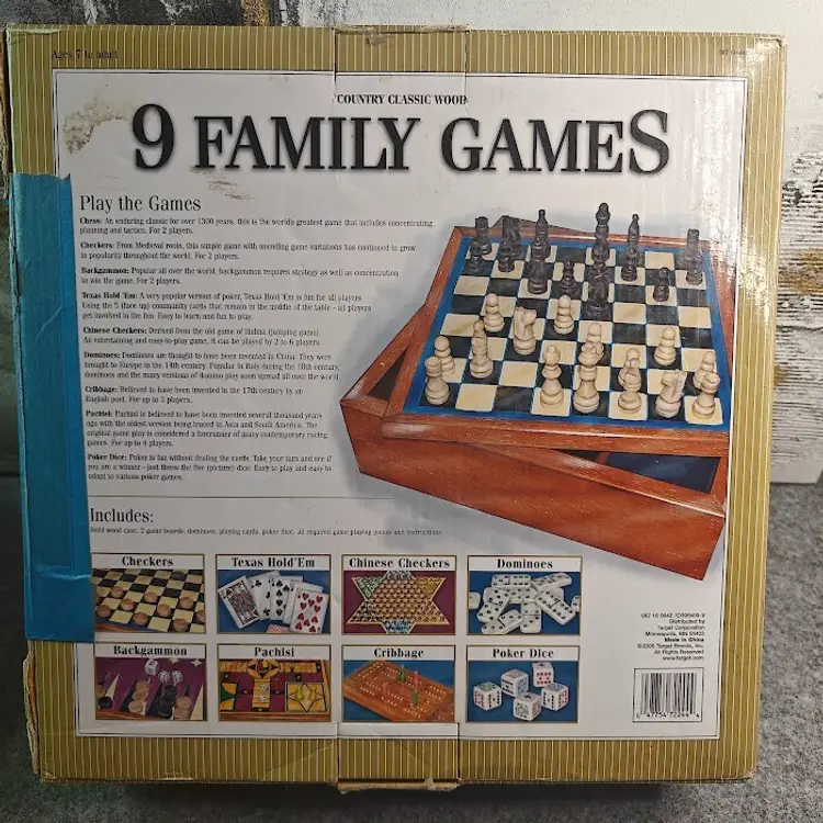 Country Classic Wood 9 Family Games Set | Pre-Owned | Chess Checkers Cribbage