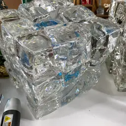 Jumbo Ice Glass Sculpture Blue Center Internal Cracks Bruises, 7”square 20 Lbs
