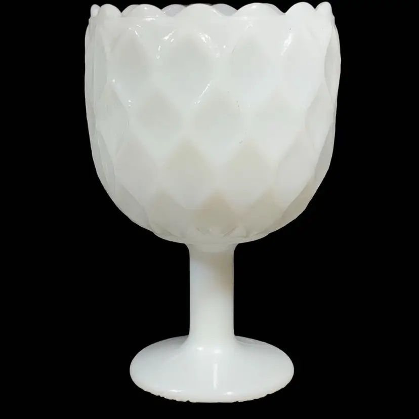 Vintage Replacement Milk Glass Goblet Planter Waffle  Woven "Diamond" Pattern Scalloped Rim Mid Century Markings on Bottom 