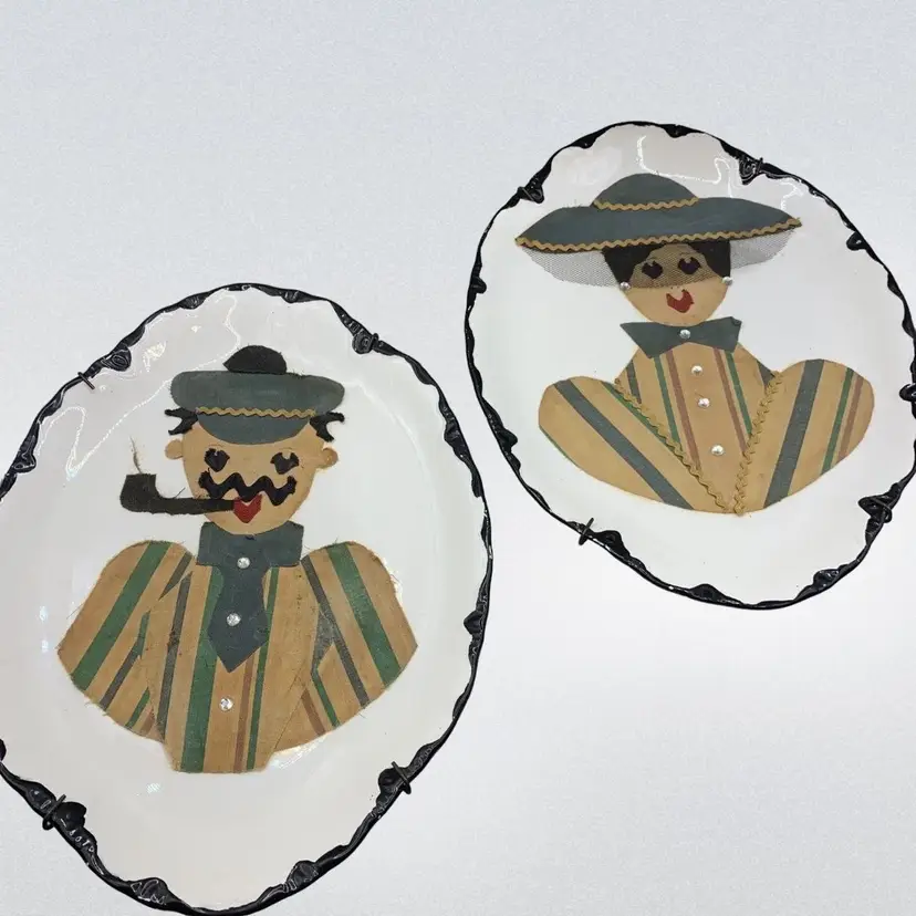 Vintage Kitschy Decorative Wall Plates Fabric Decoupage Man & Lady Handmade