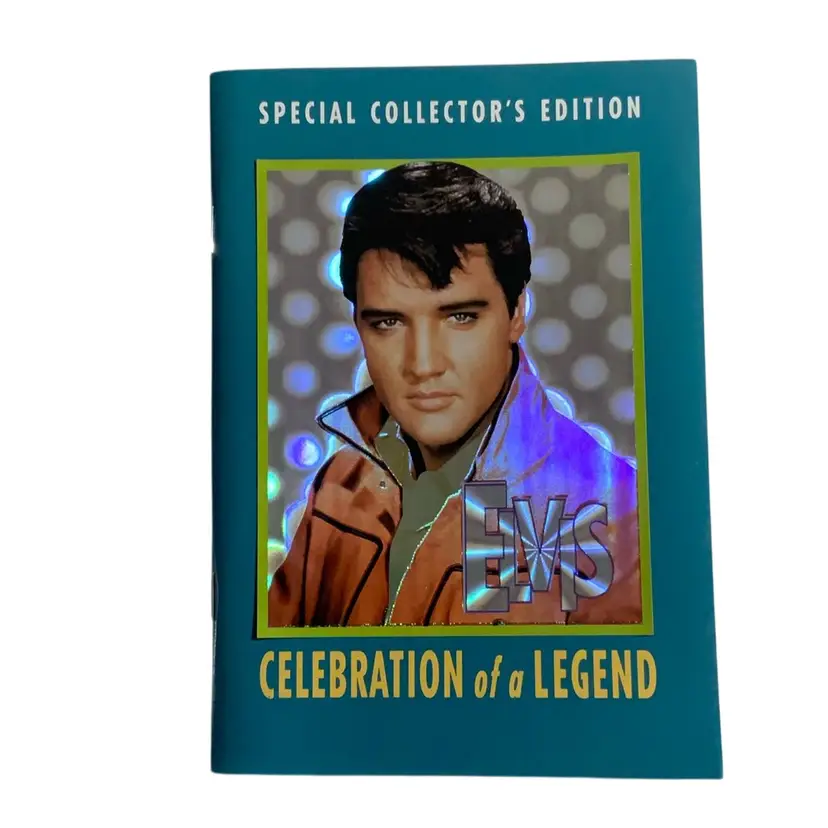5” By 7” Turquoise Blue Cover Special Collector's Edition" booklet titled "Celebration of a Legend" featuring Elvis Presley. Hologram Photo It is a commemorative publication, filled with photos and articles about his life and career. Elvis Presley