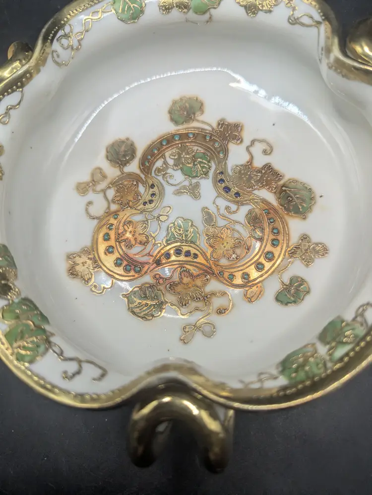 Antique Nippon Maple Leaf Porcelain Fluted Bowl Raised Gold Blue Turquoise Dots.