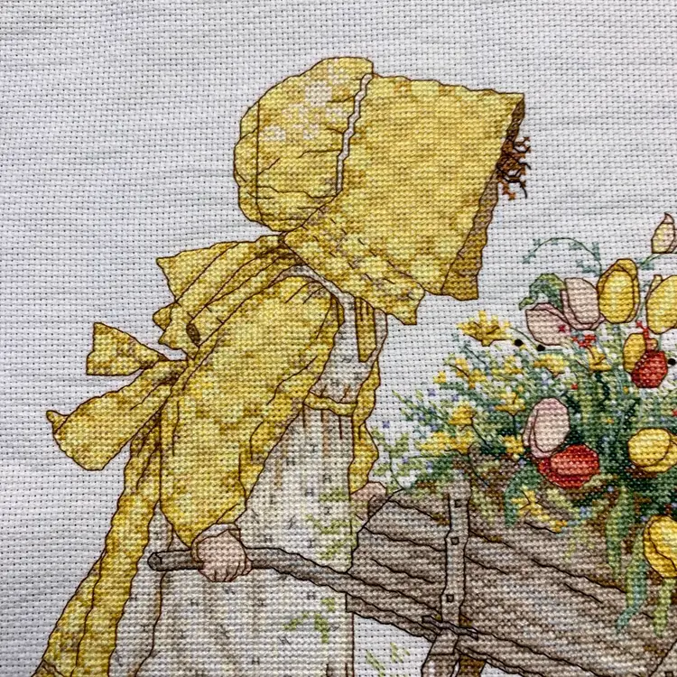 Hand Cross-Stitched Holly Hobbie w/Wheelbarrow