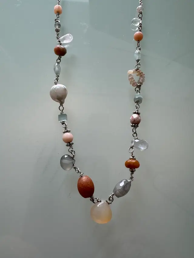 #28 Corals And Creams Of The Sea Chalcedony  Agate Faceted Briolette Center Gemstone Necklace With Multiple Shapes Colors Of Salmon Pinks Creams And Crystal Sterling Silver Chain With Infinity Clasp. One Of A Kind Statement Necklace
17”
