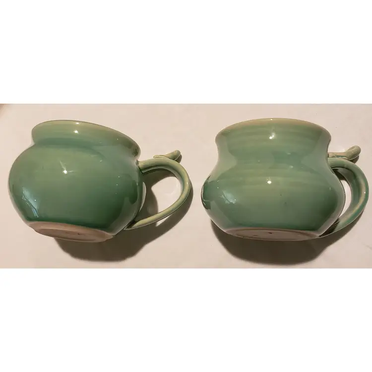 Two (2) Green Studio Pottery Coffee Tea Cocoa Cups Mugs with Thumb Rest Artist Signed RB