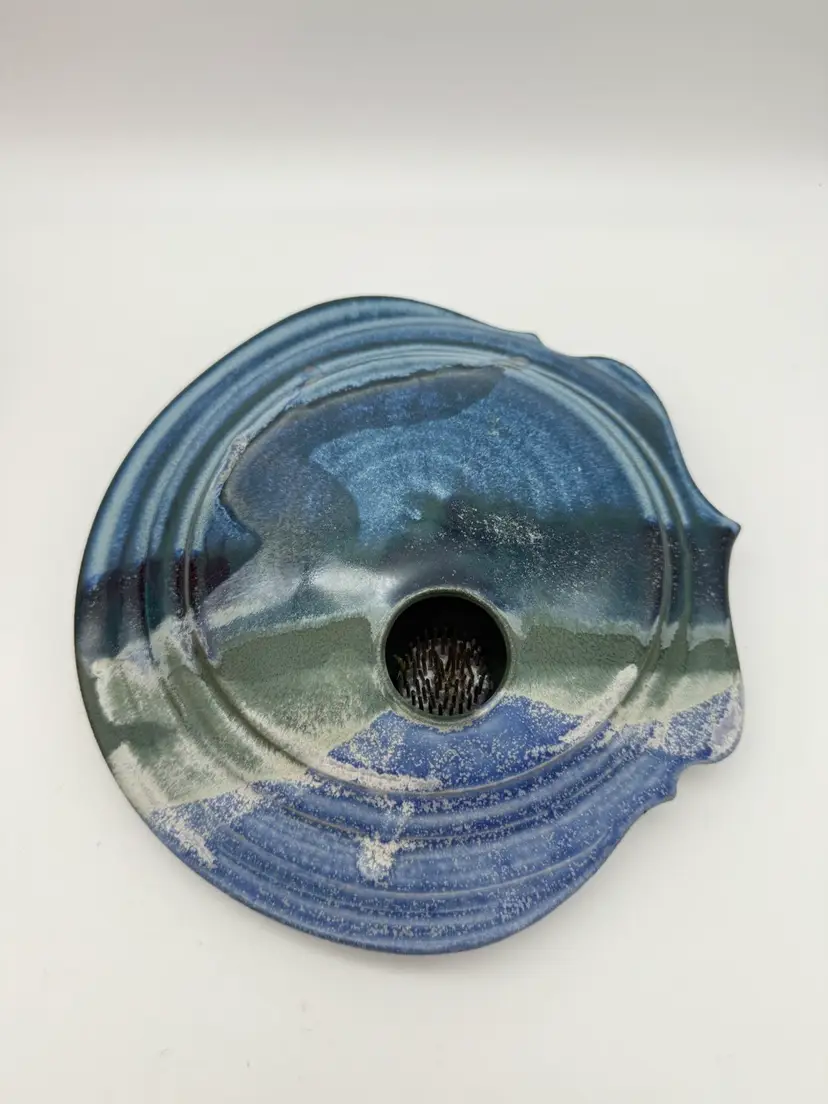 Art Pottery Floral Frog Flat Vase - Blue Green - Signed By Artist Colby Ikebana