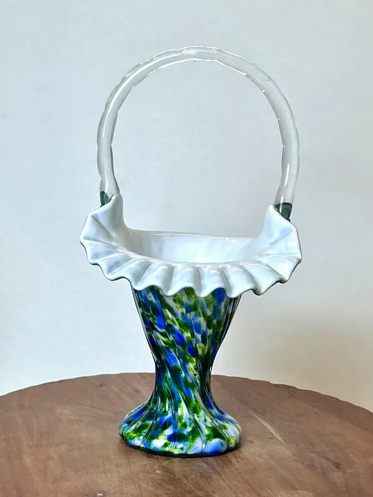 Fenton Green & Blue Vasa Murrhina Basket