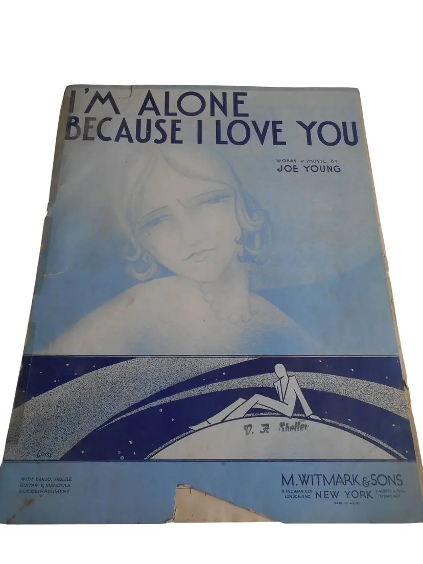 Vtg Sheet Music Piano Ukulele I'm alone because I Love You 1930 art deco
