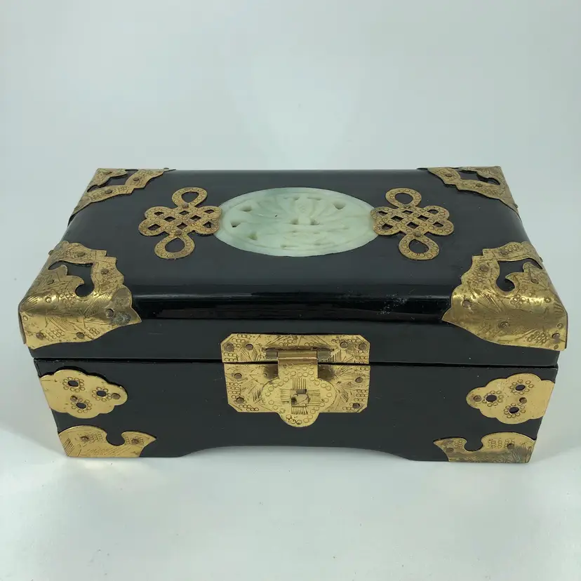 Vintage Ornate Asian Brass & Wood w/ Inlaid Stone Jewelry Box