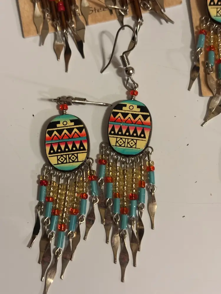 Southwestern Earring Lot of 12  Long Dangle Silver Tone Beaded Aztec Boho NWT