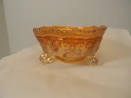 Butterfly and Berry Footed Bowl with marigold Iridescent luster (4 3/4" W X 2 1/5 T)