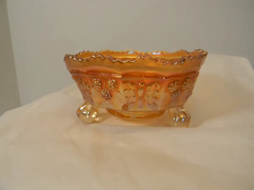 Butterfly and Berry Footed Bowl with marigold Iridescent luster (4 3/4" W X 2 1/5 T)