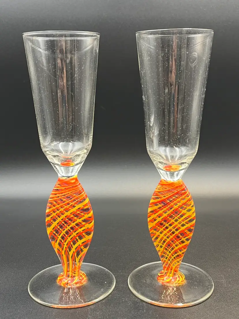 (2) Signed Fusion Z Art Glass Champagne Flutes