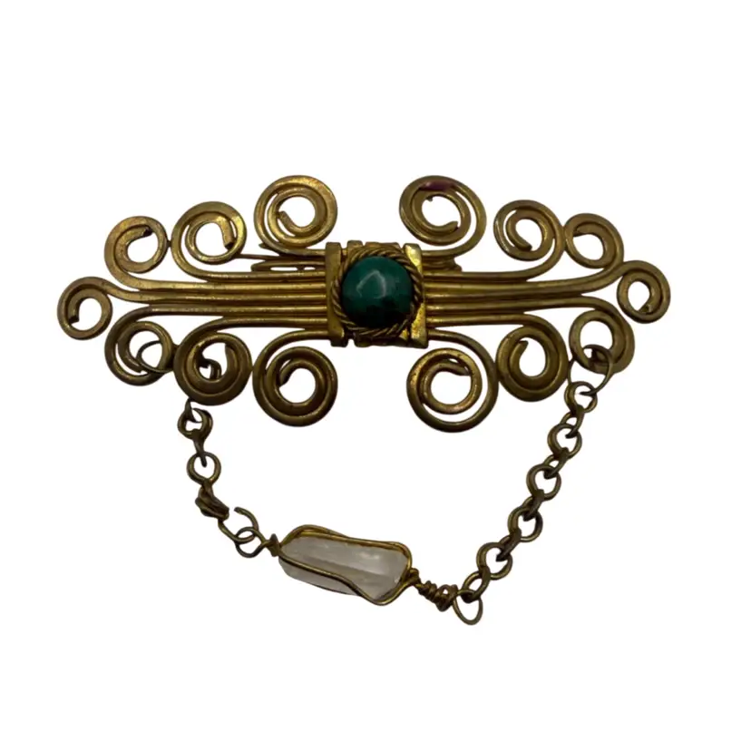 Vintage Brooch - Brass With Scroll Work And Stones