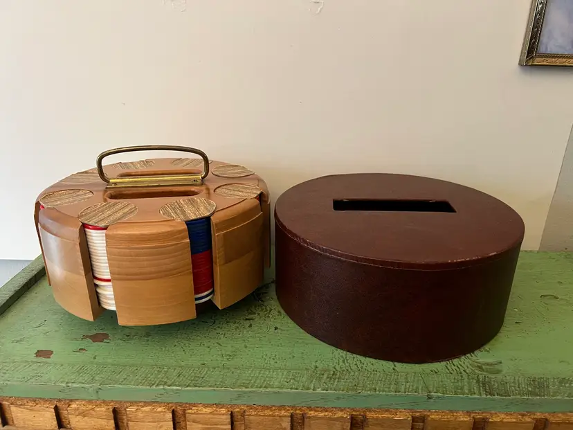 Vintage Rotating Poker Chip Caddy. Faux Leather Lid. Sold Wood Turn Table