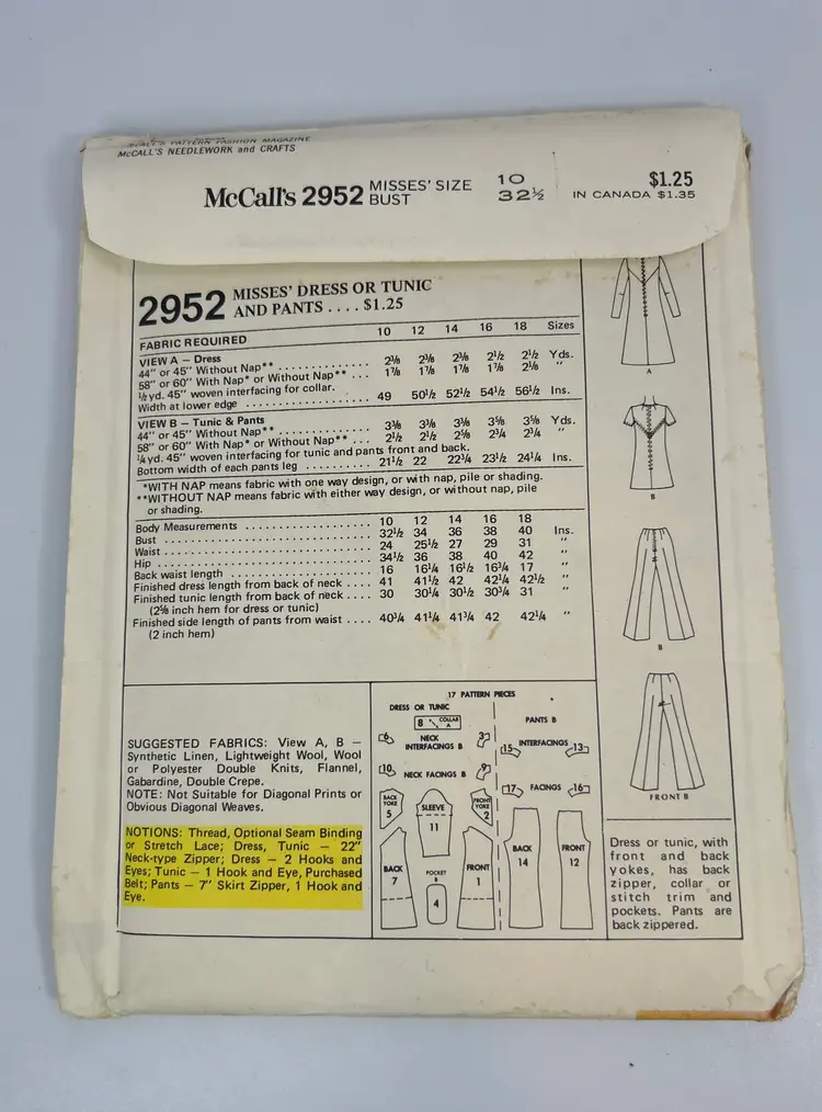 Vintage McCall's Pattern #2952 Size 10 Bust 32 1/2 Misses Dress or Tunic and Pants 1971