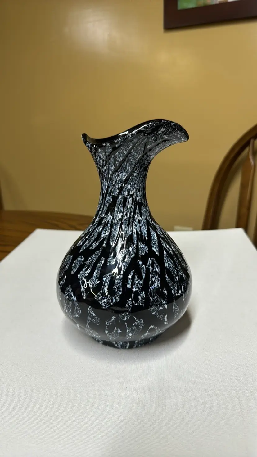 black amethyst hand blown glass with white pitcher or vase 8.5” tall