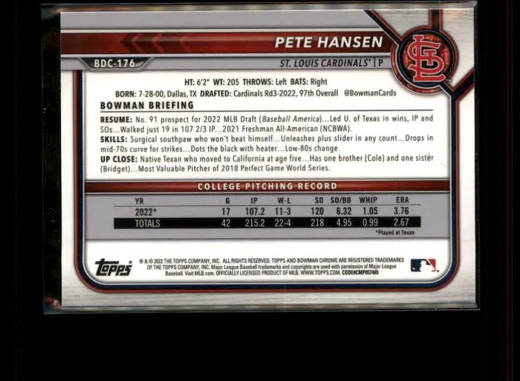 2022 Bowman Draft Sapphire Edition #BDC-176 Pete Hansen - (138) - St. Louis Cardinals