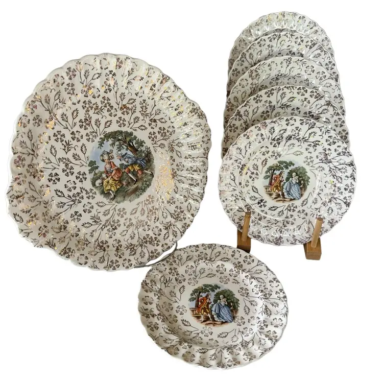 VTG Atlas China Warranted 22 Karat Gold Cake Platter and 6 Dessert Plates USA Made