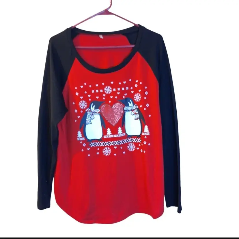 Ugly Christmas Sweater Penguins Long Sleeve Lightweight Sz XL Red Black