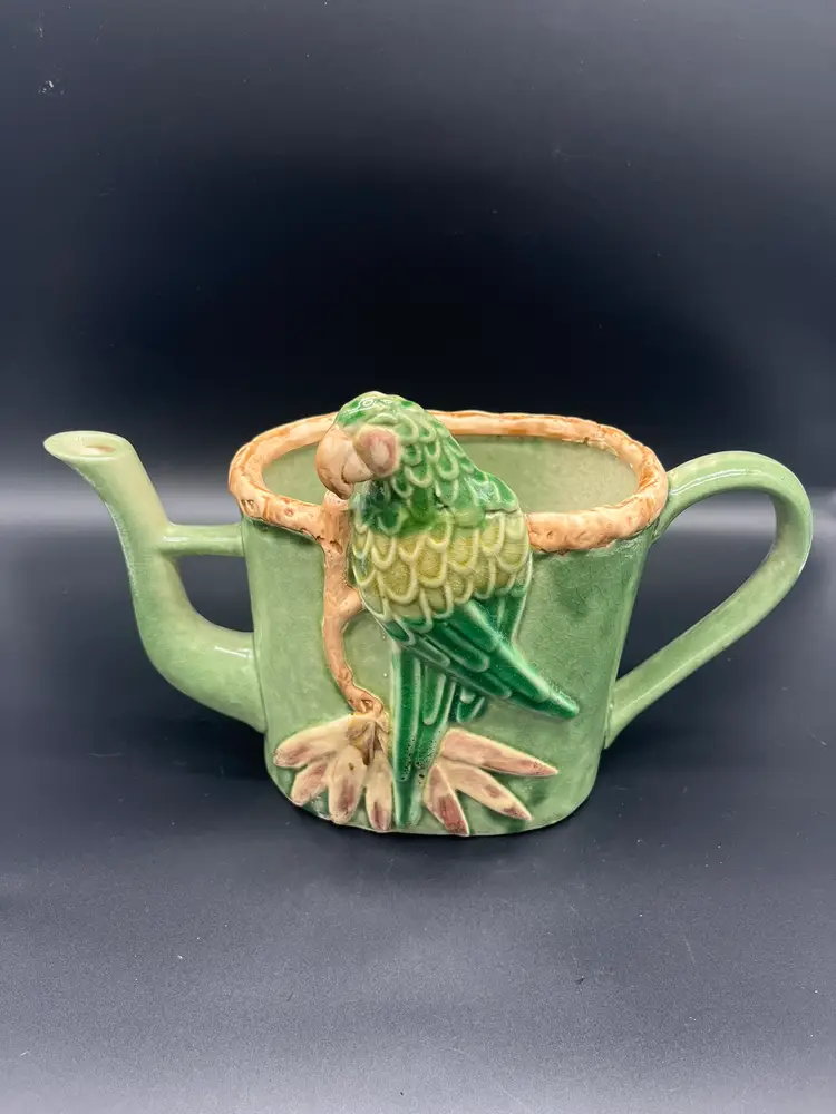 Vintage Parrot Ceramic Watering Can Planter - 12" Wide Tropical Garden Decor