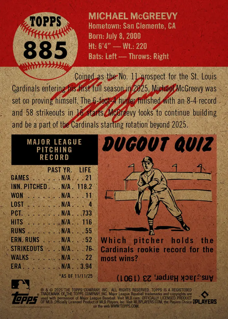 Michael McGreevy - 2025 MLB Living Set® - Card 885 - PR: 1278