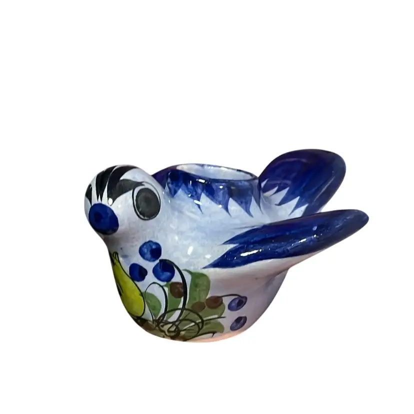 Signed Hand Painted Tonala Mexican Ceramic Folk Art Bird Candle Holder Or Air Plant Holder