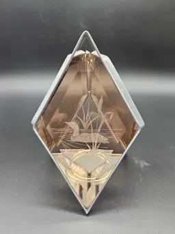 Vtg Lead Amber Brown Stained Glass Candle Holder Etched Loon Bird Diamond Shaped