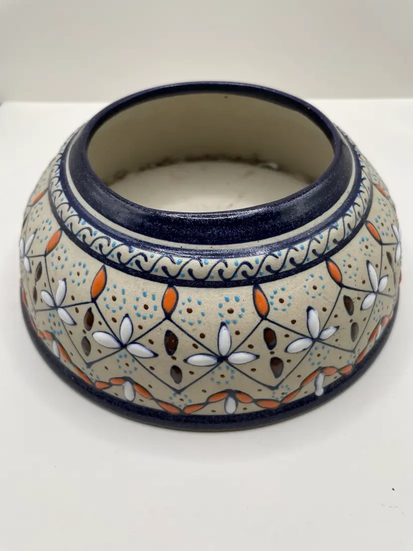 Vintage Javier Servin Signed Mexican Pottery Embossed 3D Enamel Planter Candle Holder