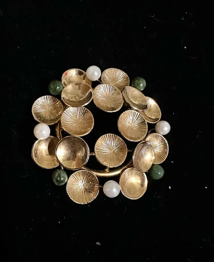 Bates & Bates 12k Gold Filled Pin w/ Jade and Pearl Accents MCM