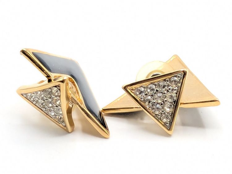 Vintage Gold Tone Rhinestone Black Enamel V Door Knocker Earrings