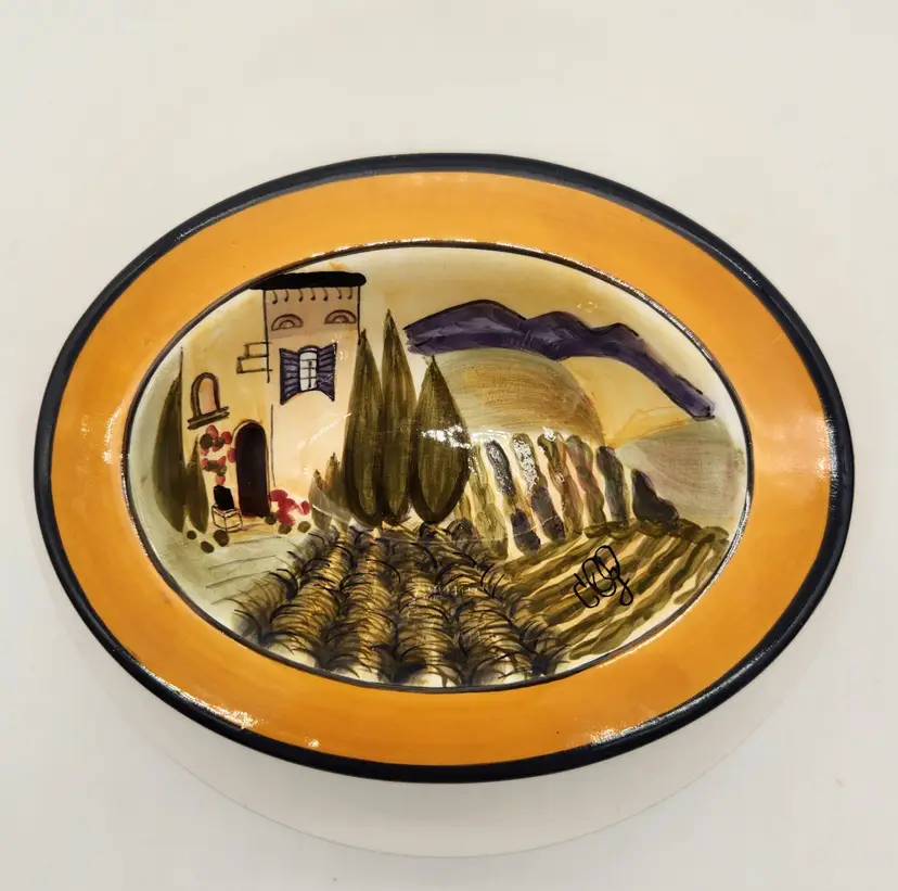 Villa Provence Carrie Olsen Garrard Signed Oval Ceramic Bowl Tuscan Landscape