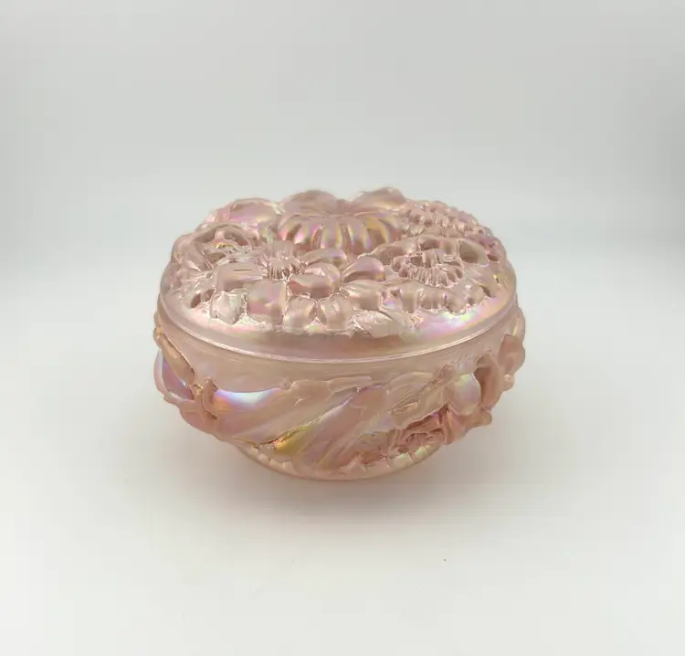 Fenton Glass Velva Rose Iridescent Floral Trinket Box 4”x 2.5”