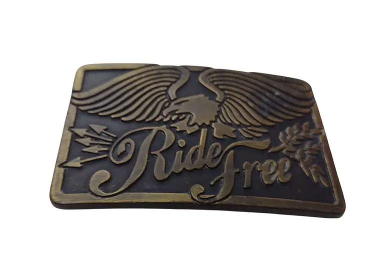 Vintage AE Ride Free Embellished Metal Brass Eagle Belt Buckle Biker Moto USA